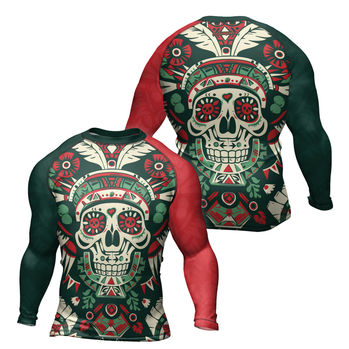 Rashninja Aztec Skull Feather Mandala Men's Long Sleeve Rash Guard