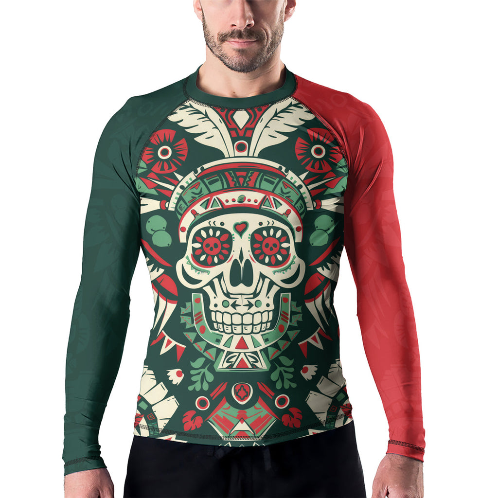Rashninja Aztec Skull Feather Mandala Men's Long Sleeve Rash Guard