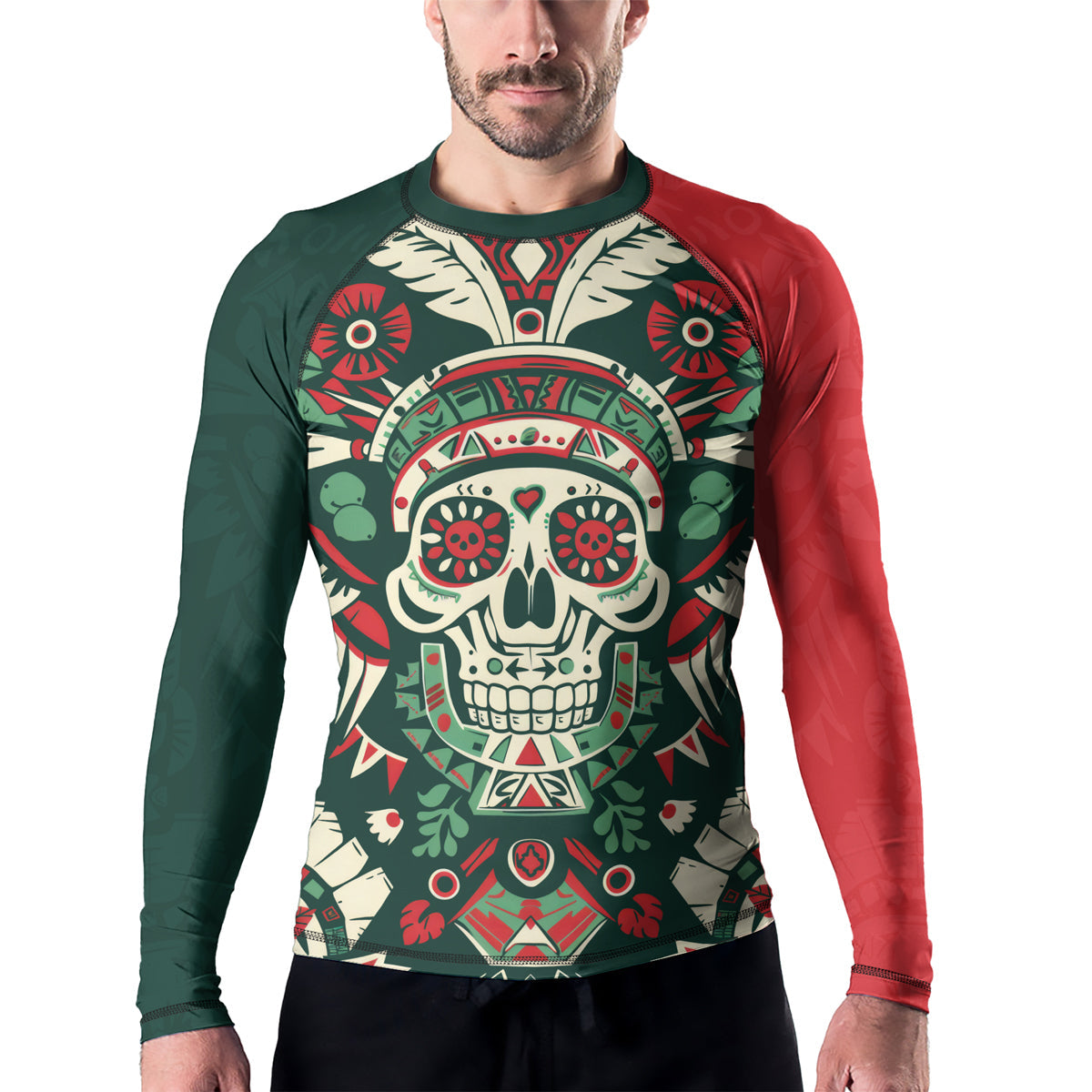 Rashninja Aztec Skull Feather Mandala Men's Long Sleeve Rash Guard