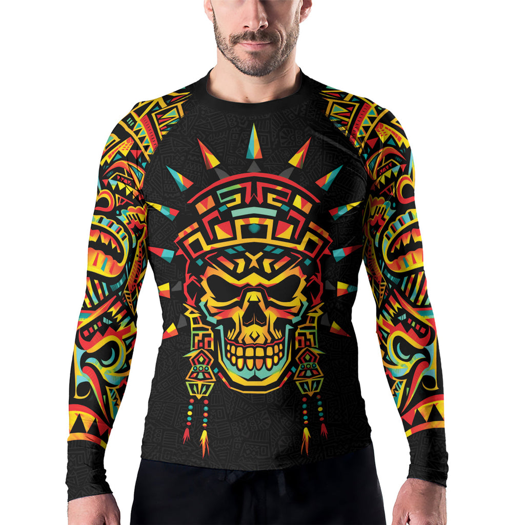 Rashninja Aztec Rainbow Skull Mask Men's Long Sleeve Rash Guard