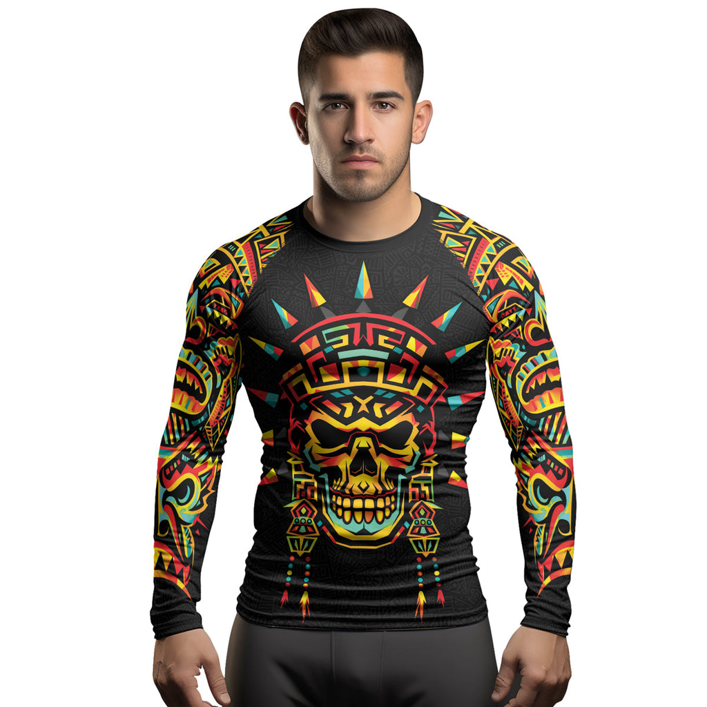 Rashninja Aztec Rainbow Skull Mask Men's Long Sleeve Rash Guard