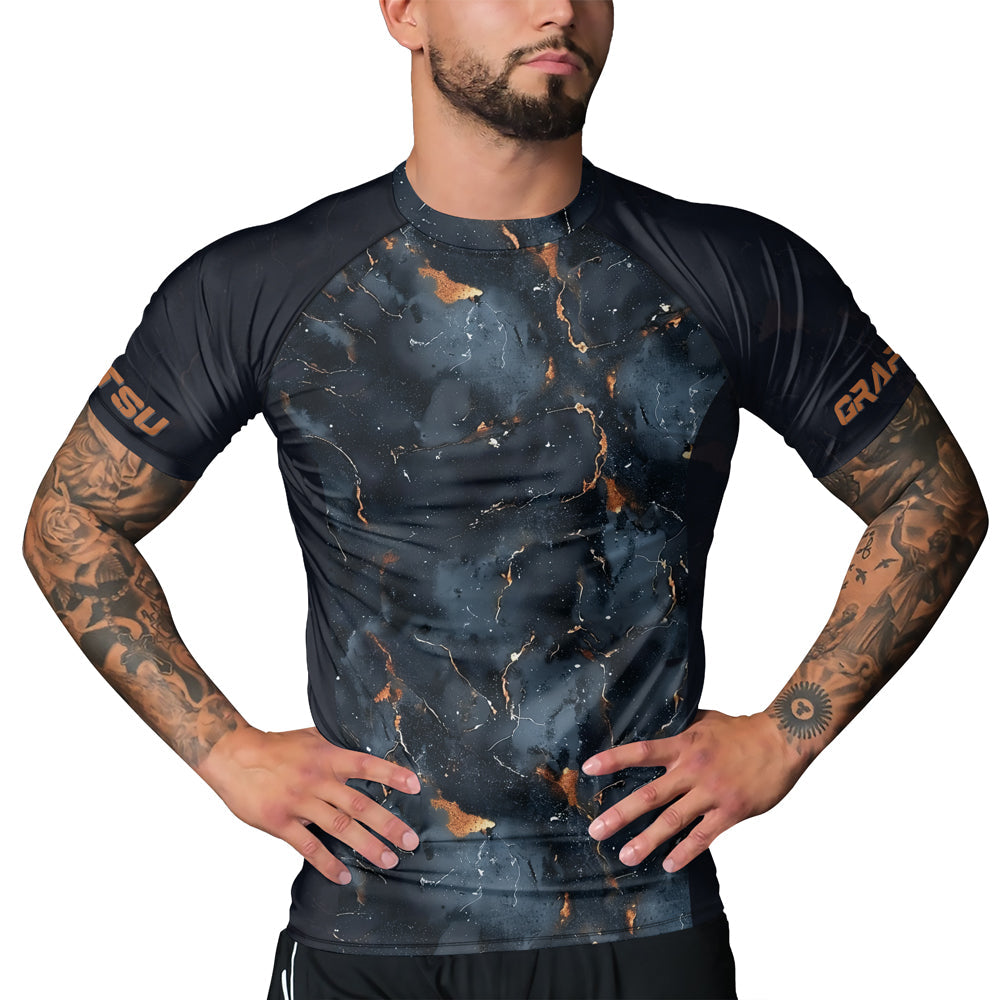 Rashninja Cyber Storm Marble Black Men's Short Sleeve Rash Guard