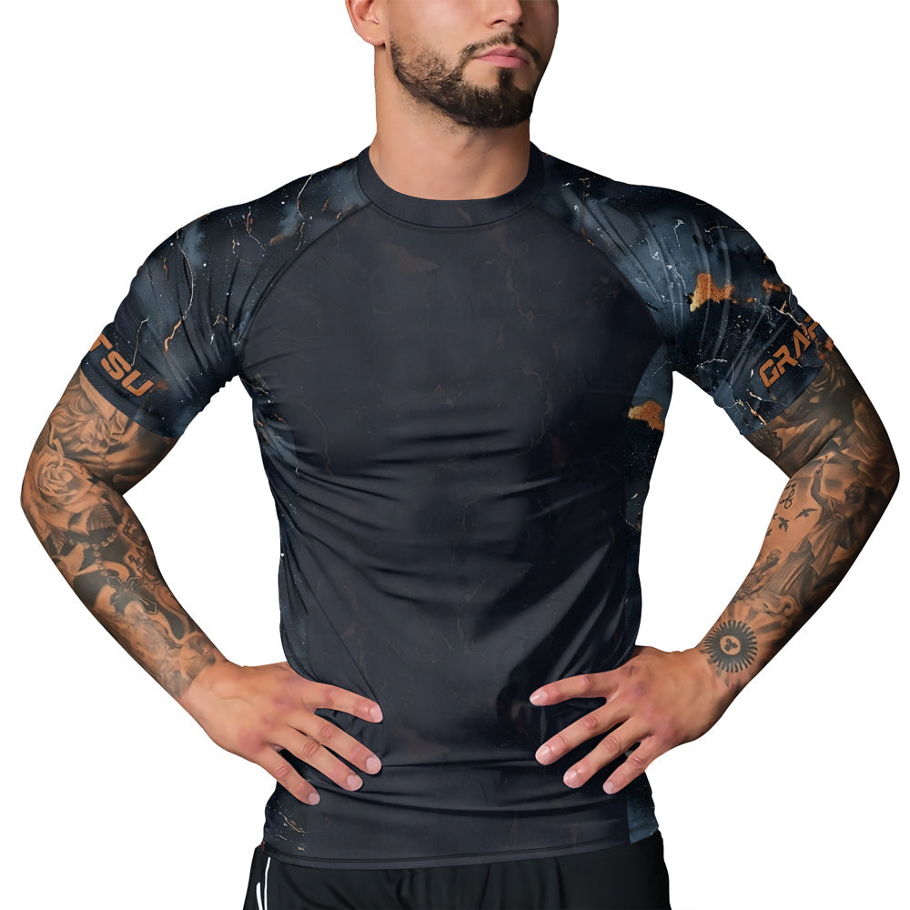 Rashninja Cyber Storm Marble Black Men's Short Sleeve Rash Guard