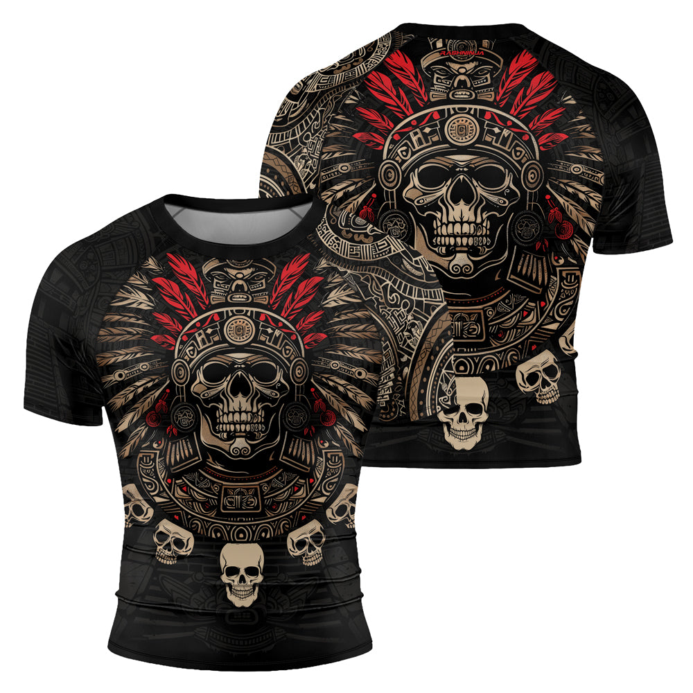 Rashninja Aztec Skull Feather Men's Short Sleeve Rash Guard