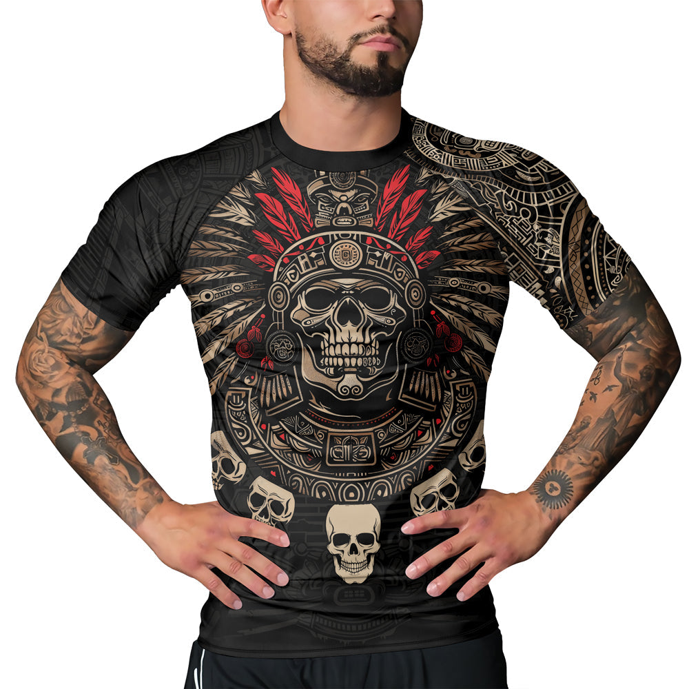 Rashninja Aztec Skull Feather Men's Short Sleeve Rash Guard