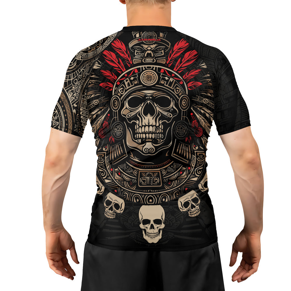 Rashninja Aztec Skull Feather Men's Short Sleeve Rash Guard