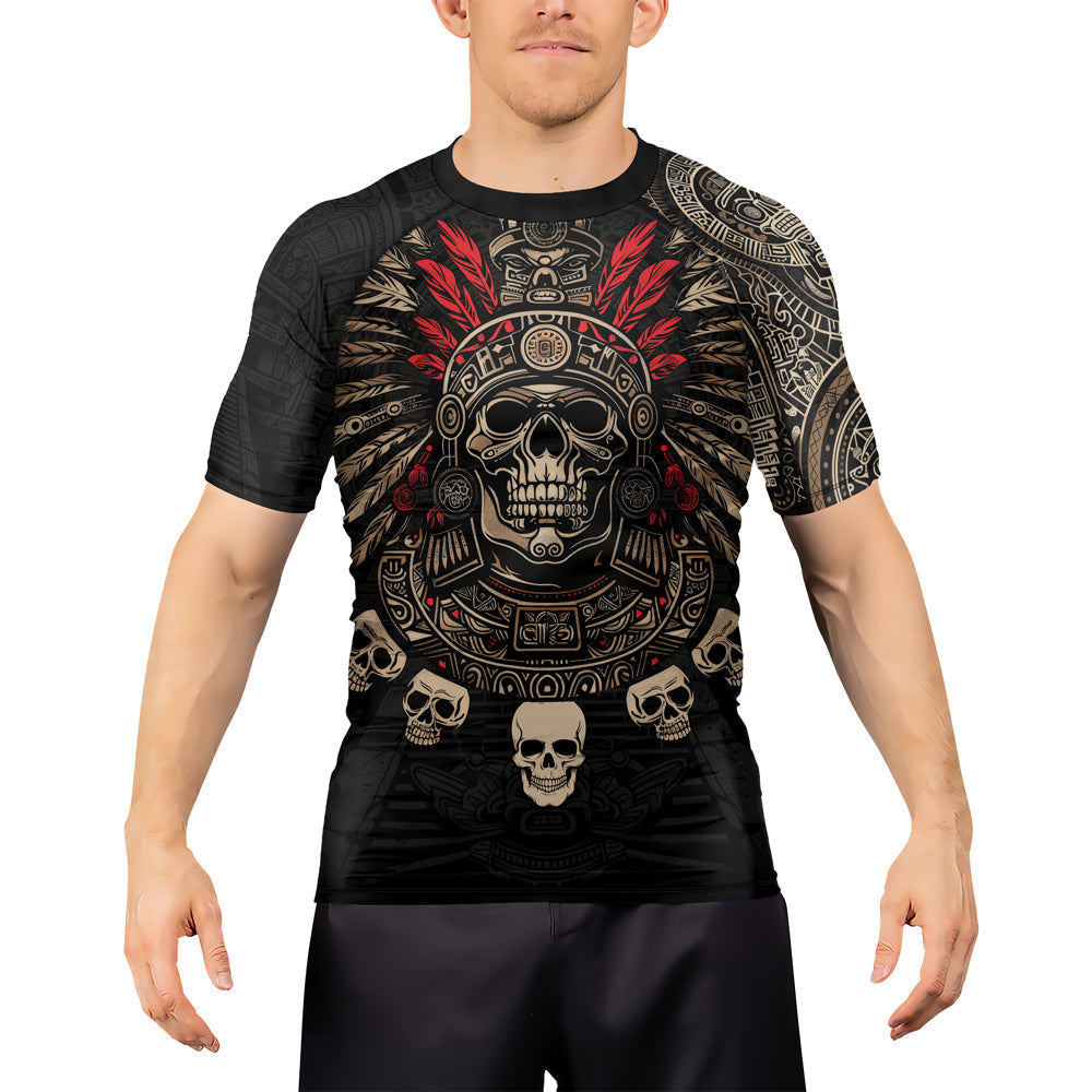 Rashninja Aztec Skull Feather Men's Short Sleeve Rash Guard