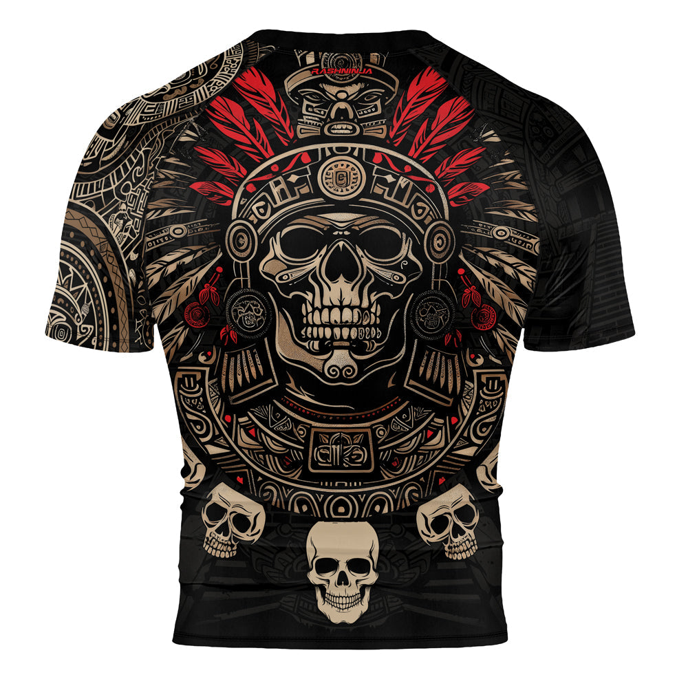 Rashninja Aztec Skull Feather Men's Short Sleeve Rash Guard