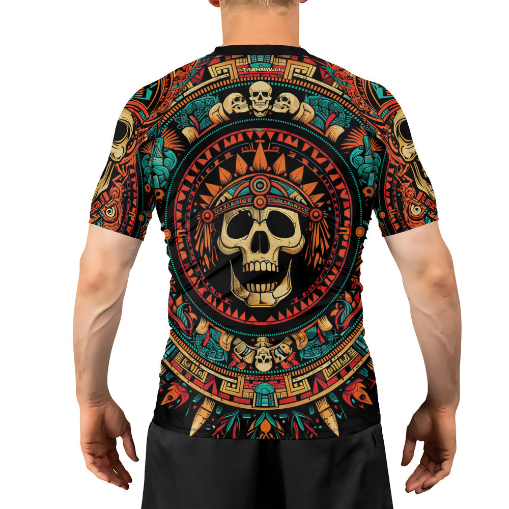 Rashninja Aztec Tribal Skull Men's Short Sleeve Rash Guard
