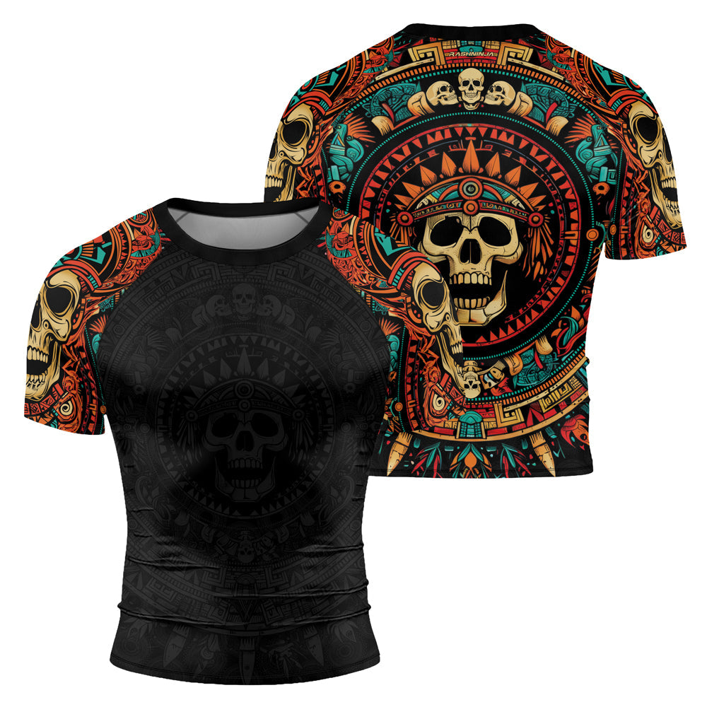 Rashninja Aztec Tribal Skull Men's Short Sleeve Rash Guard