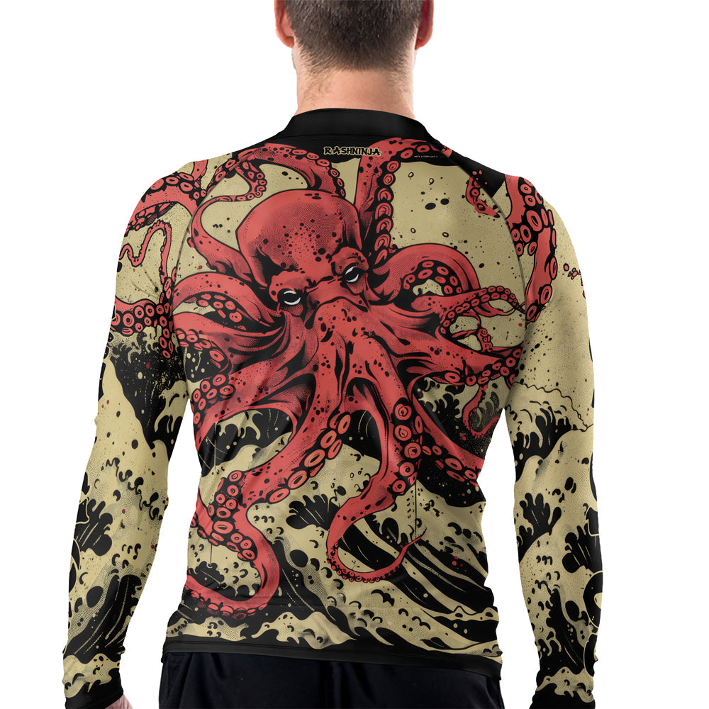 Rashninja Octopus Crimson Wave Men's Long Sleeve Rash Guard