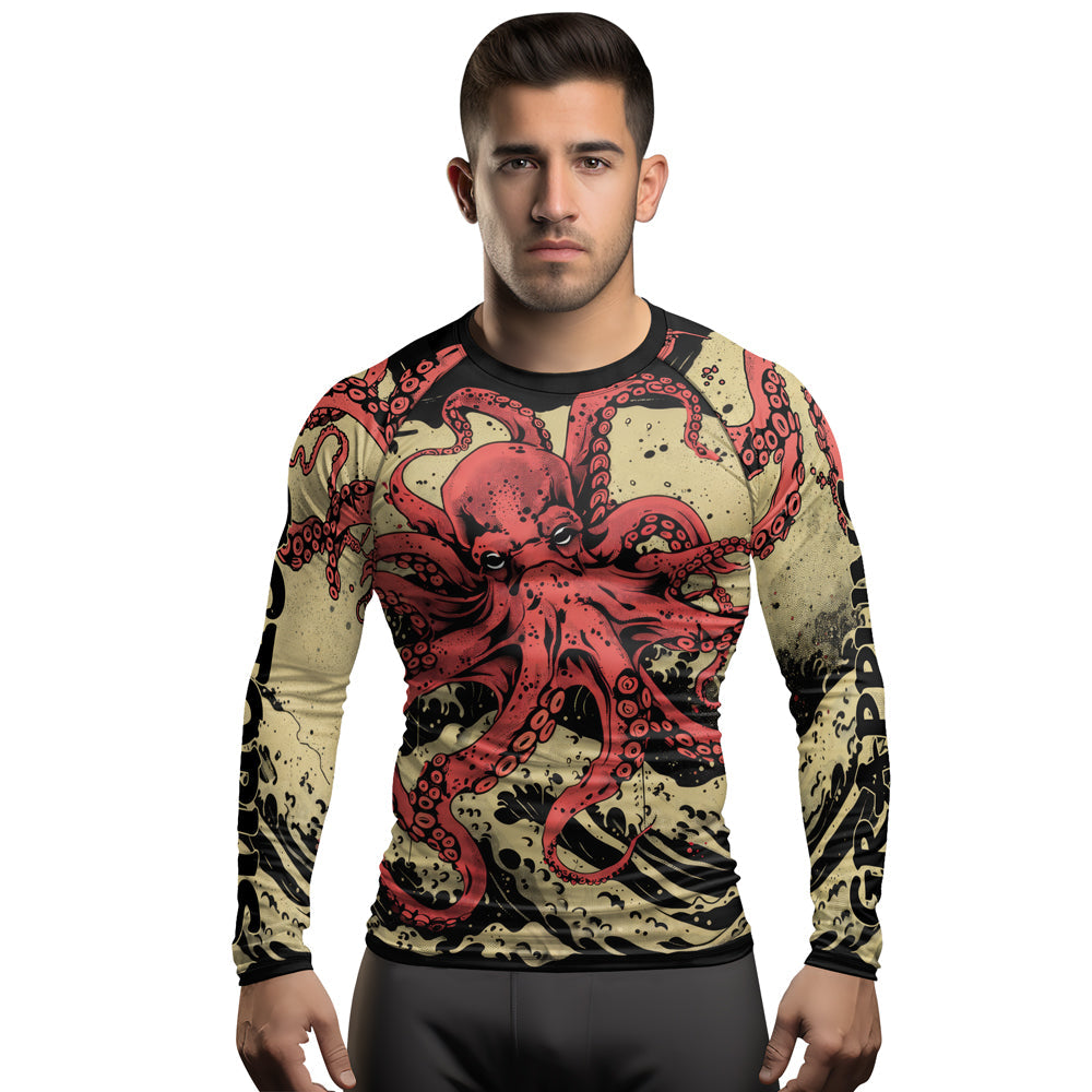Rashninja Octopus Crimson Wave Men's Long Sleeve Rash Guard