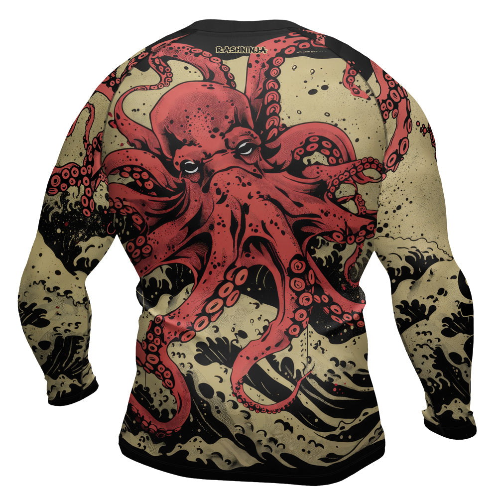 Rashninja Octopus Crimson Wave Men's Long Sleeve Rash Guard