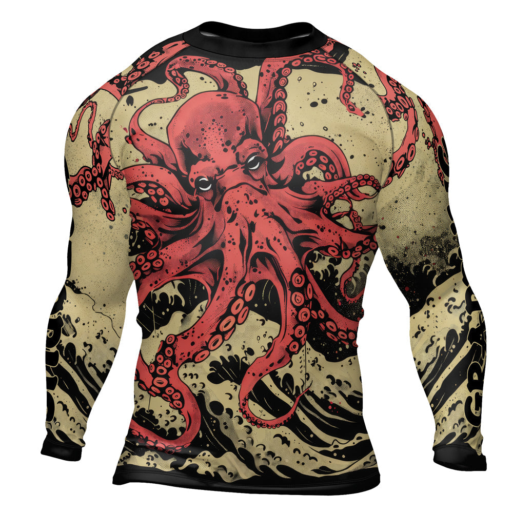 Rashninja Octopus Crimson Wave Men's Long Sleeve Rash Guard