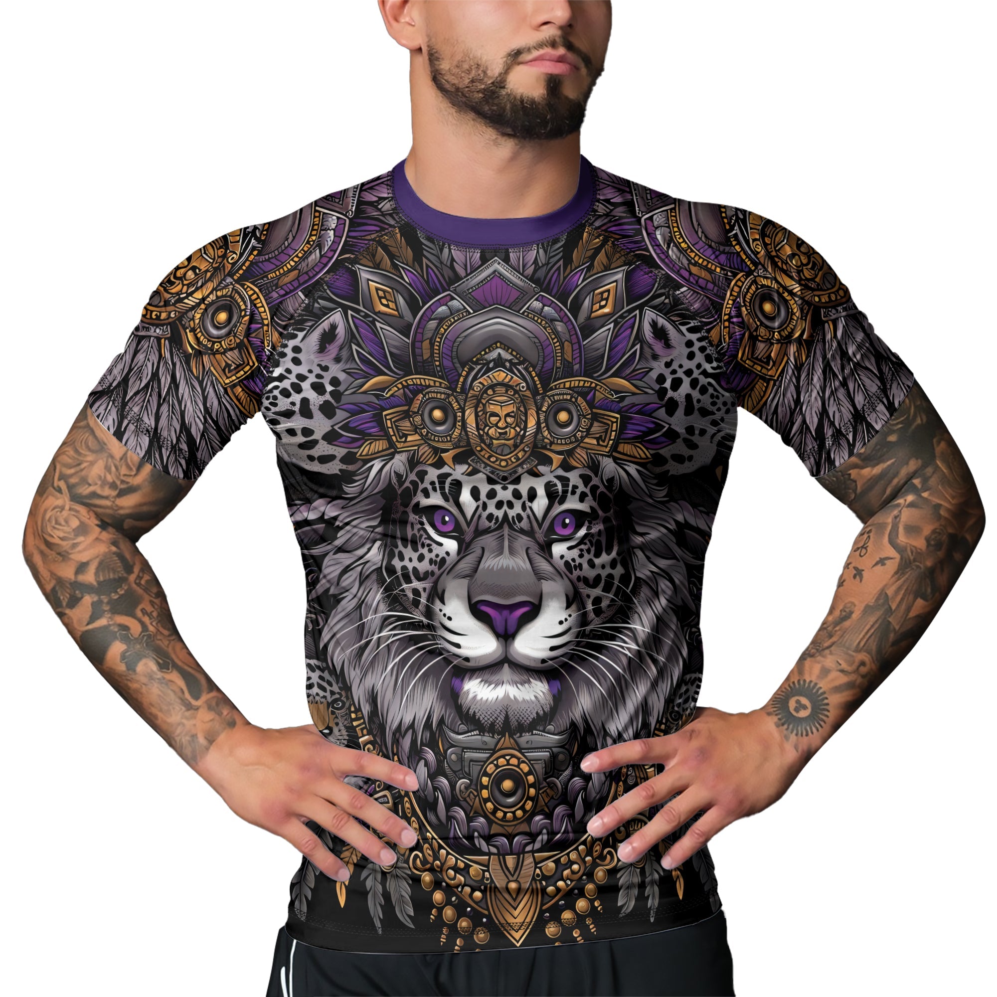 Rashninja Aztec Lion Mandala Men's Short Sleeve Rash Guard