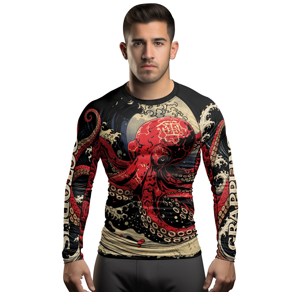 Rashninja Octopus Deep Sea Red Men's Long Sleeve Rash Guard