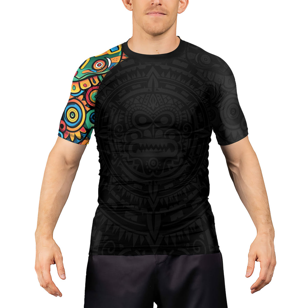 Rashninja Aztec Mask Rainbow Men's Short Sleeve Rash Guard