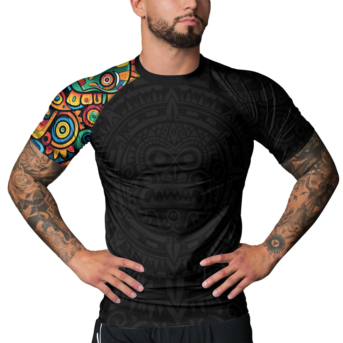 Rashninja Aztec Mask Rainbow Men's Short Sleeve Rash Guard