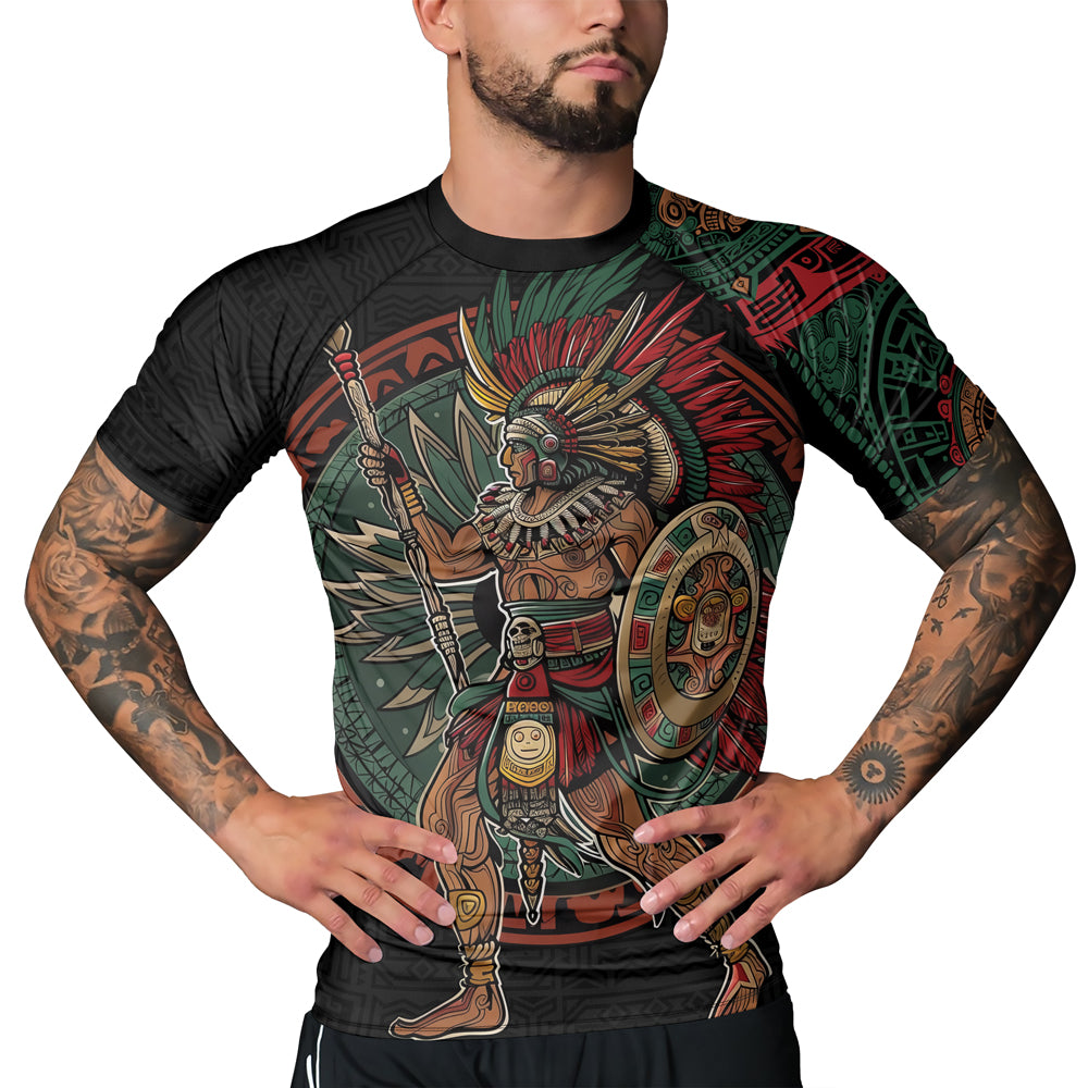 Rashninja Aztec Warrior Red Feather Men's Short Sleeve Rash Guard
