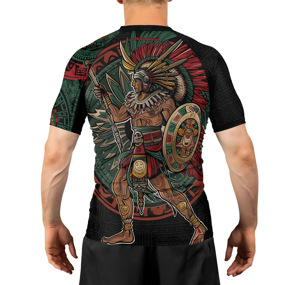 Rashninja Aztec Warrior Red Feather Men's Short Sleeve Rash Guard