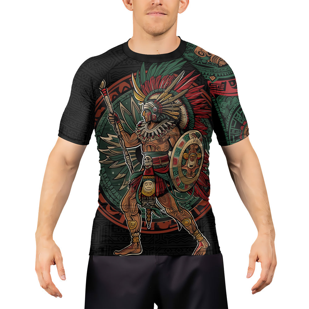 Rashninja Aztec Warrior Red Feather Men's Short Sleeve Rash Guard