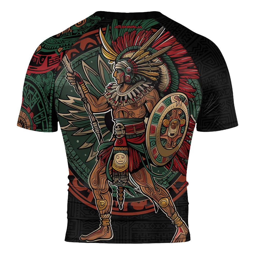 Rashninja Aztec Warrior Red Feather Men's Short Sleeve Rash Guard