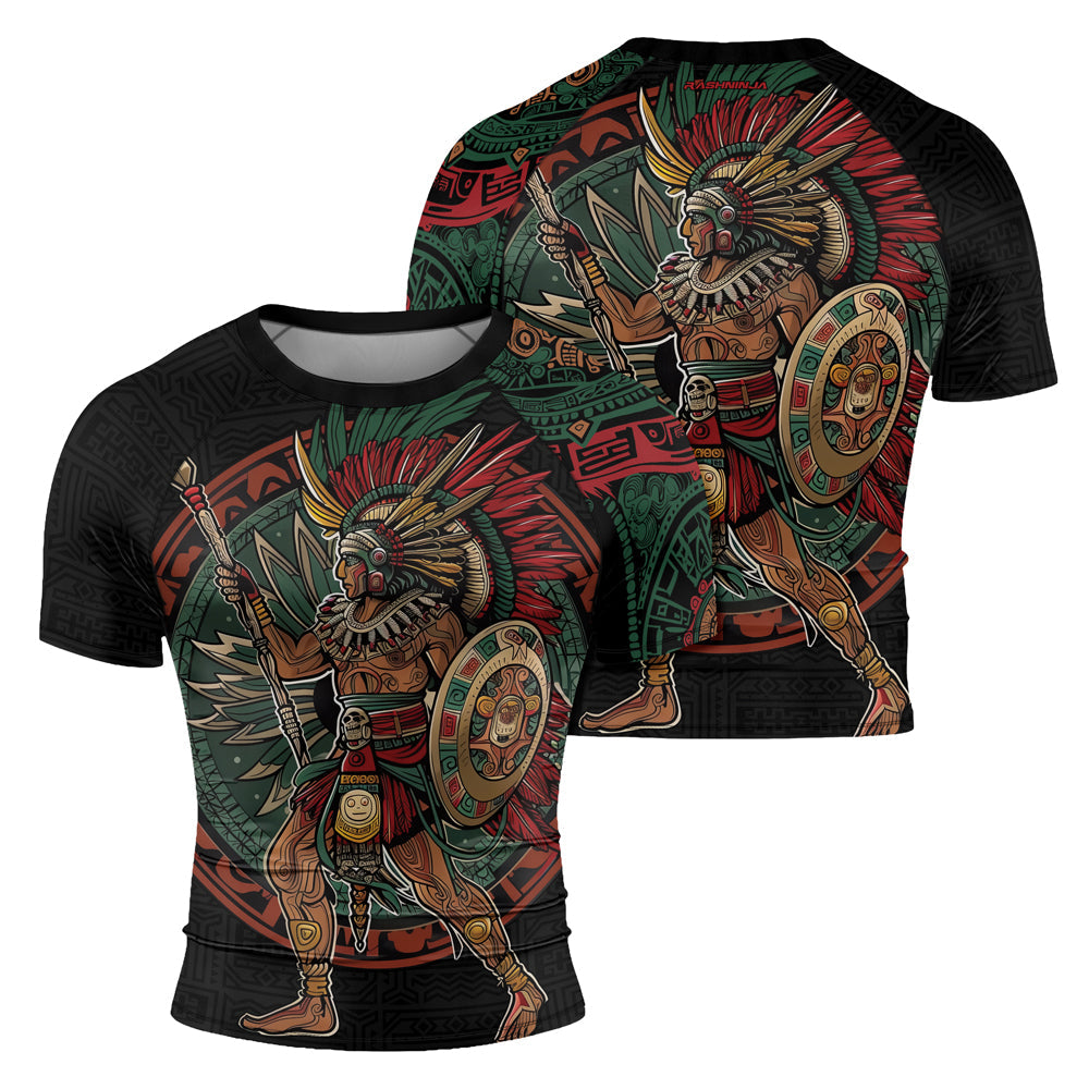 Rashninja Aztec Warrior Red Feather Men's Short Sleeve Rash Guard