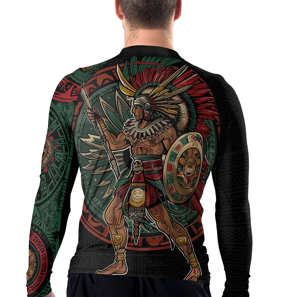 Rashninja Aztec Warrior Red Feather Men's Long Sleeve Rash Guard
