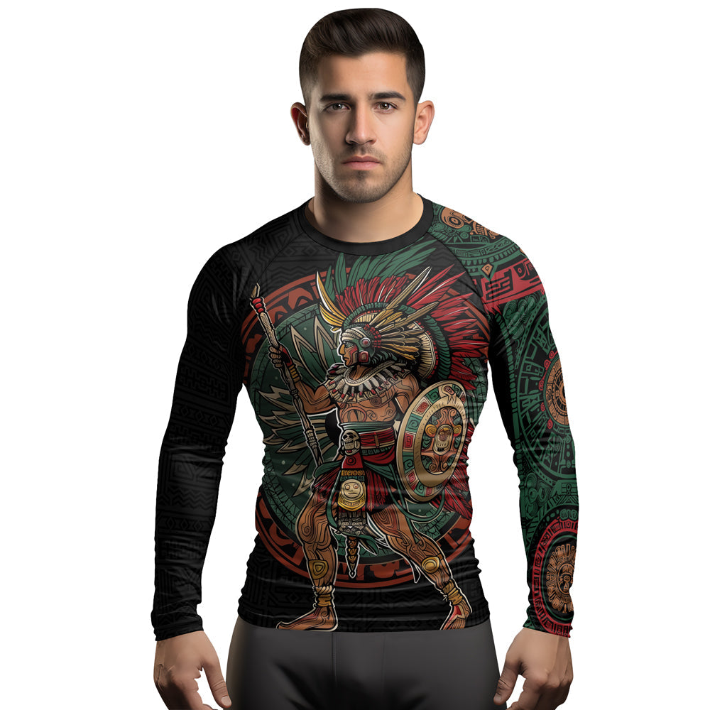 Rashninja Aztec Warrior Red Feather Men's Long Sleeve Rash Guard
