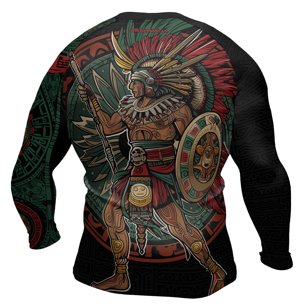 Rashninja Aztec Warrior Red Feather Men's Long Sleeve Rash Guard