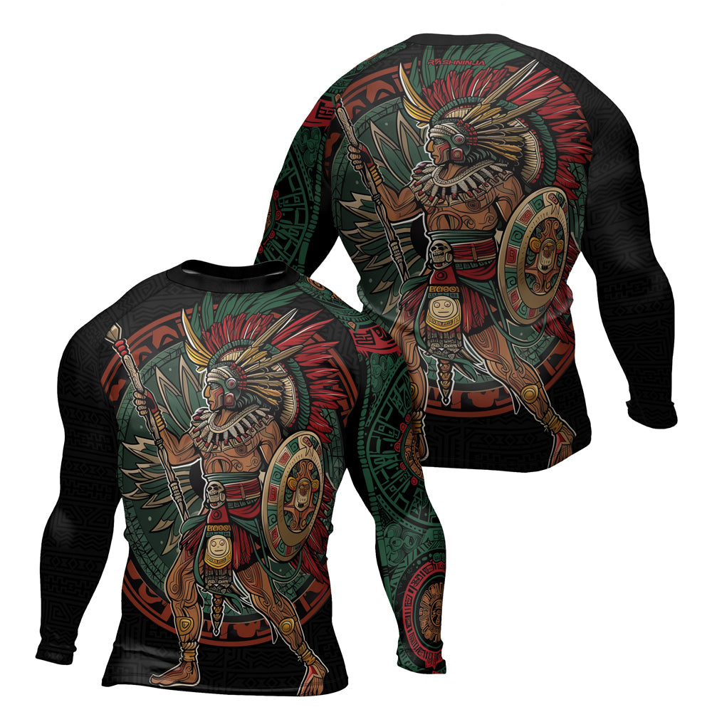 Rashninja Aztec Warrior Red Feather Men's Long Sleeve Rash Guard
