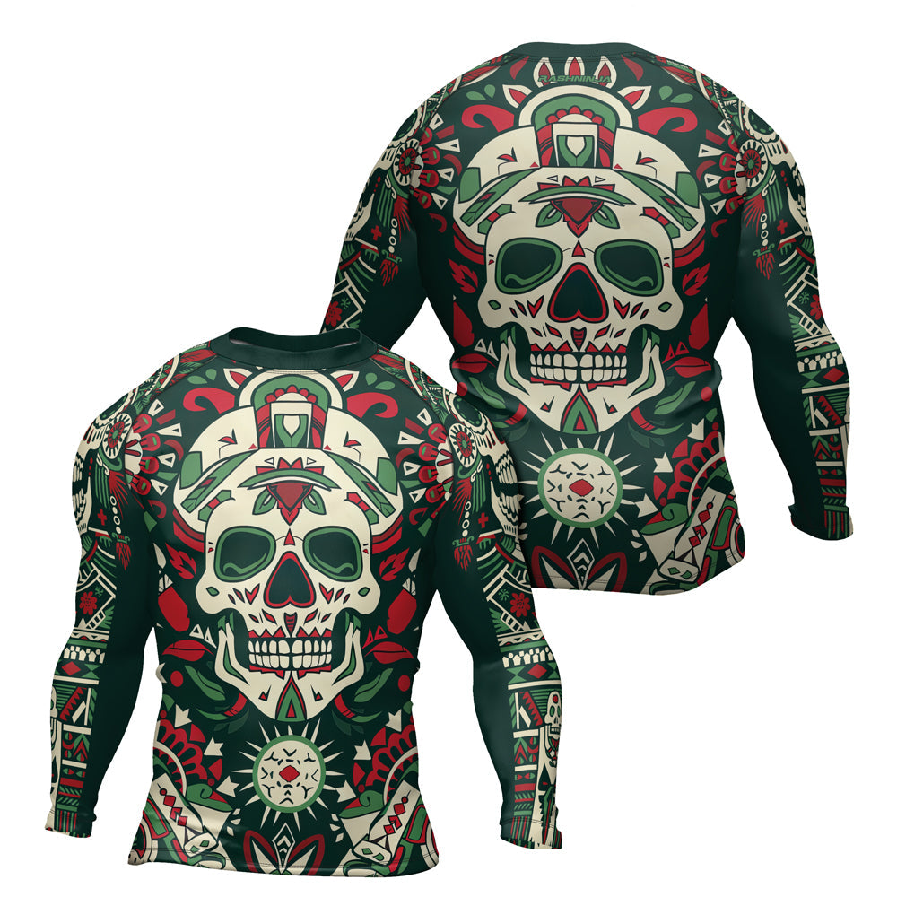 Rashninja Aztec Tribal Skull Mandala Men's Long Sleeve Rash Guard