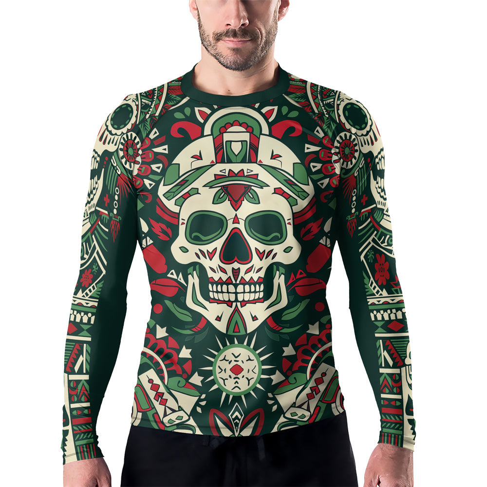 Rashninja Aztec Tribal Skull Mandala Men's Long Sleeve Rash Guard