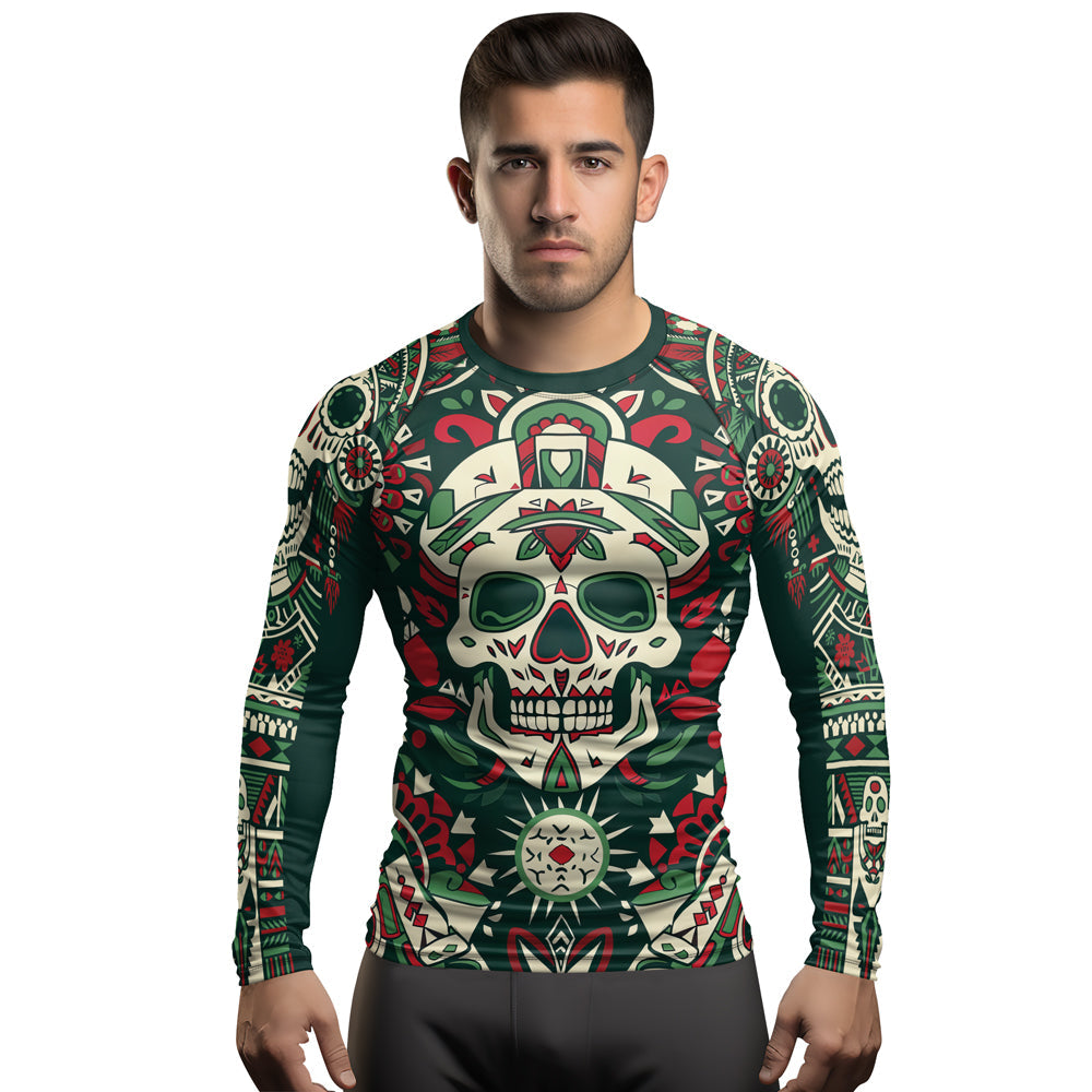 Rashninja Aztec Tribal Skull Mandala Men's Long Sleeve Rash Guard