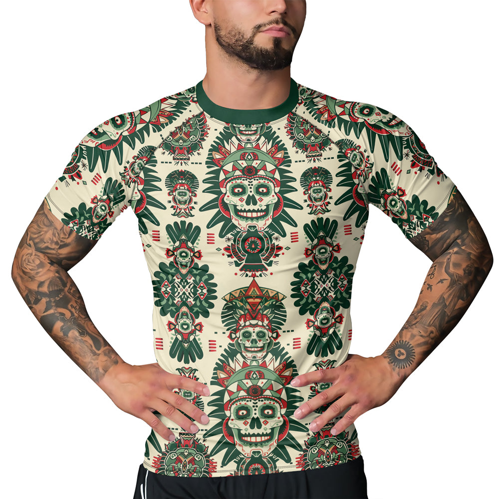 Rashninja Aztec Skull Mandala Men's Short Sleeve Rash Guard