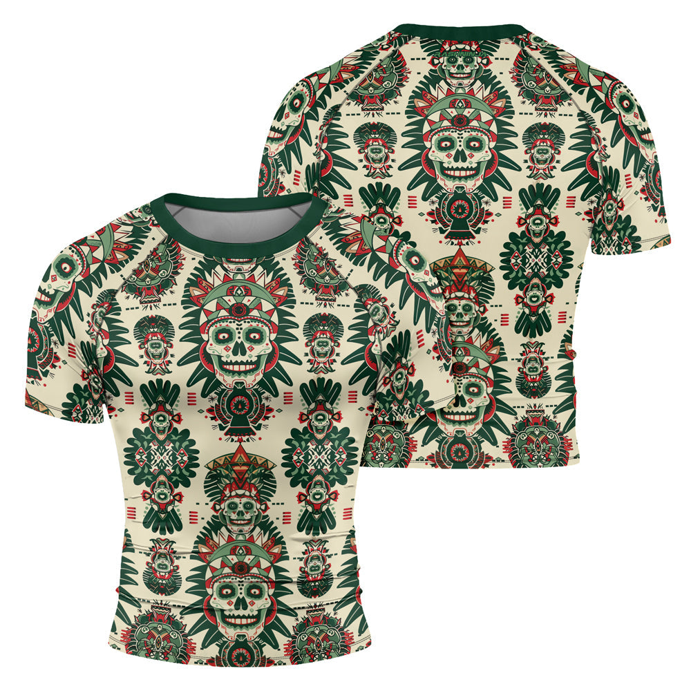 Rashninja Aztec Skull Mandala Men's Short Sleeve Rash Guard