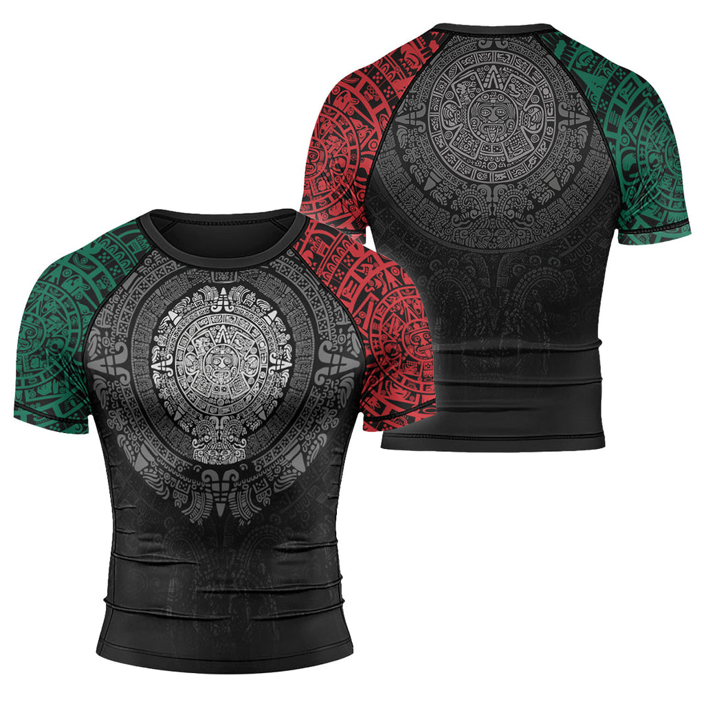 Rashninja Green And Red Aztec Calendar Men's Short Sleeve Rash Guard