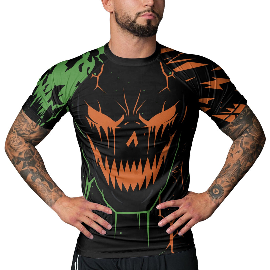 Rashninja Halloween Pumpkin Skull Blaze Men's Short Sleeve Rash Guard