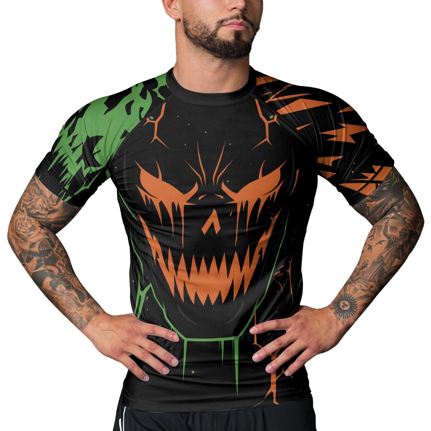 Rashninja Halloween Pumpkin Skull Blaze Men's Short Sleeve Rash Guard