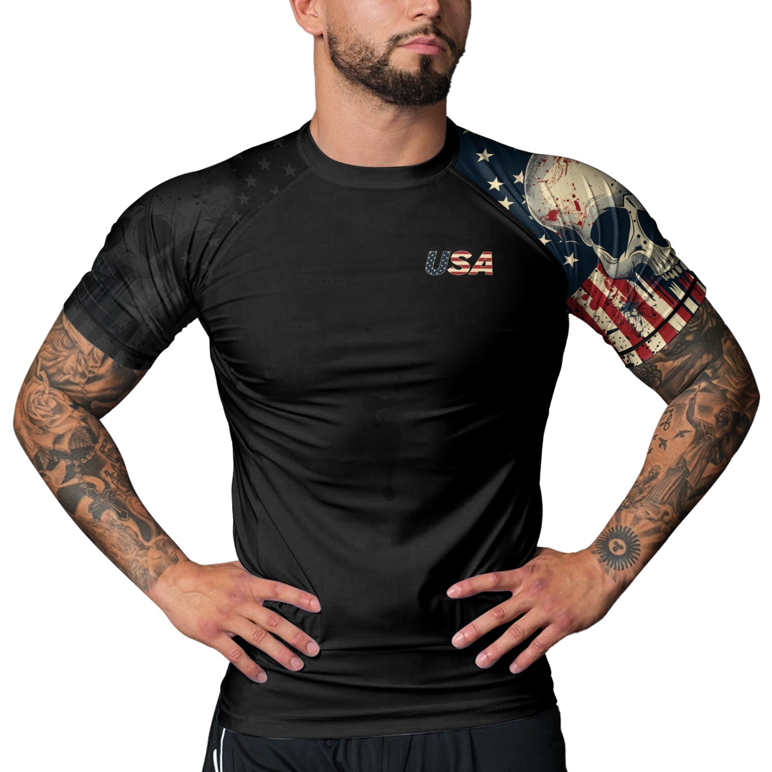 Rashninja Patriotic Skull Men's Short Sleeve Rash Guard