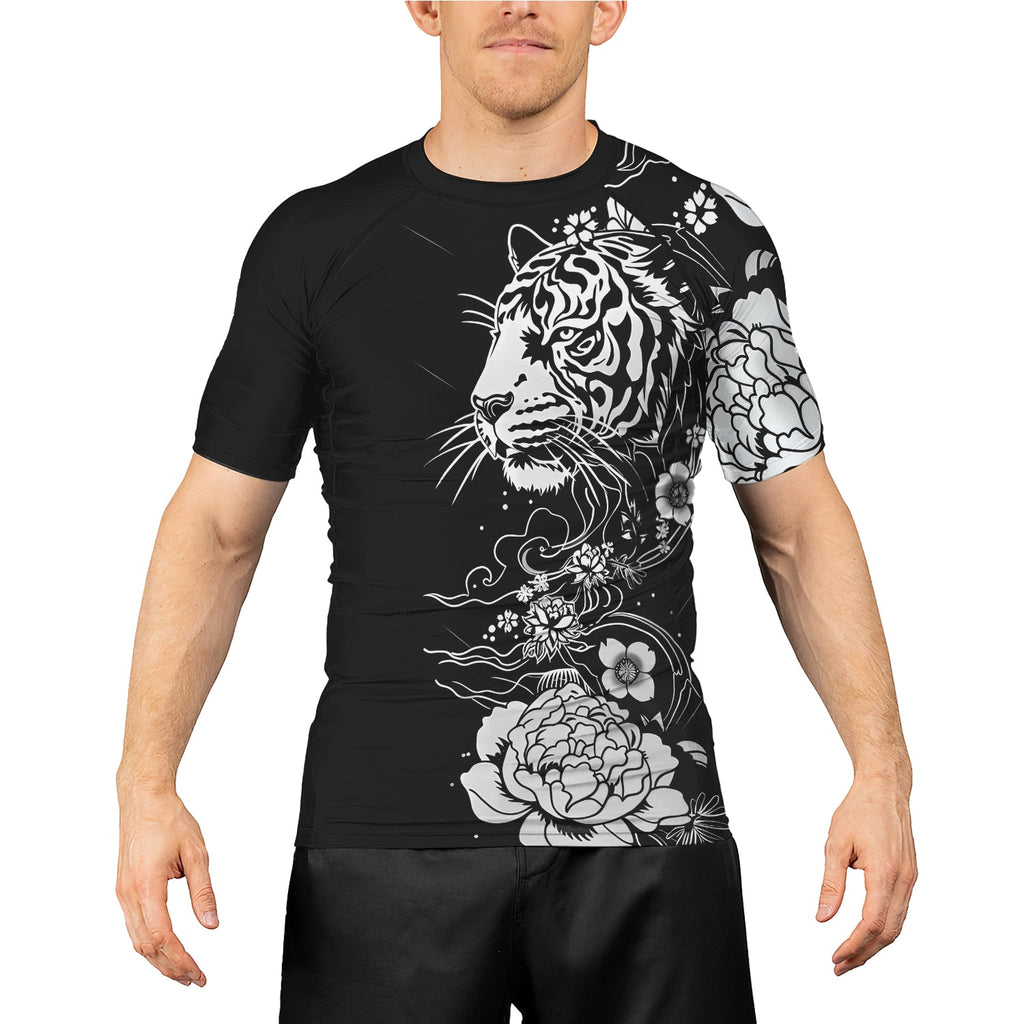 Rashninja Tiger Black White Men's Short Sleeve Rash Guard