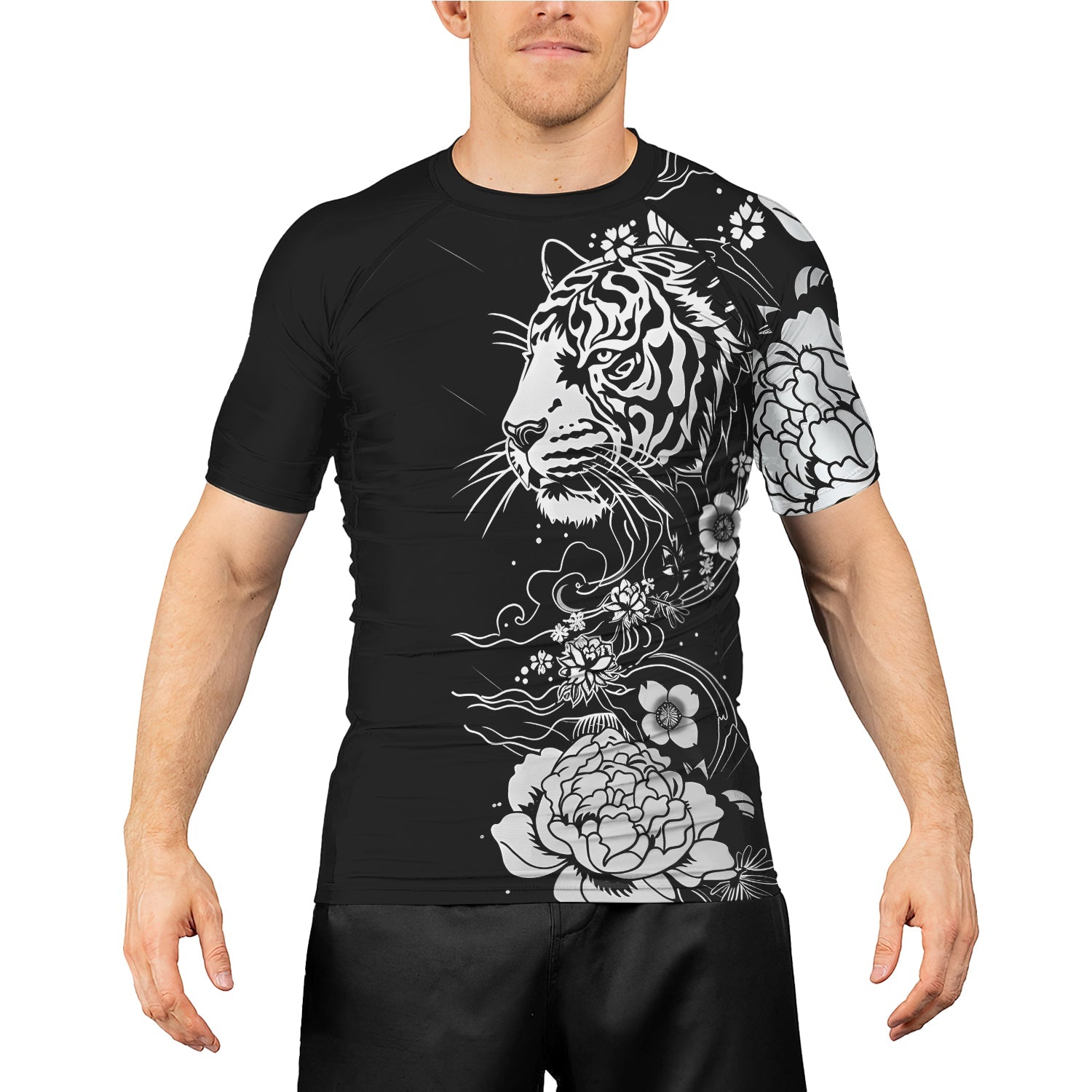 Rashninja Tiger Black White Men's Short Sleeve Rash Guard