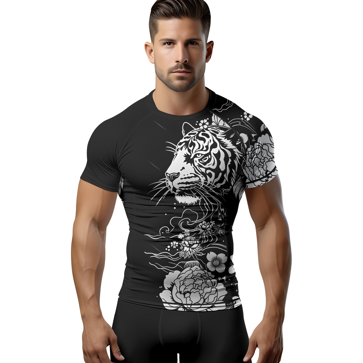 Rashninja Tiger Black White Men's Short Sleeve Rash Guard
