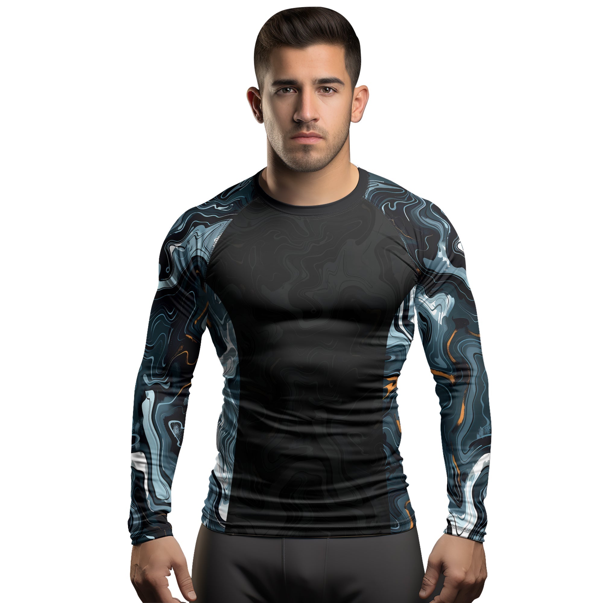 Rashninja Cyber Storm Blue Marble Men's Long Sleeve Rash Guard