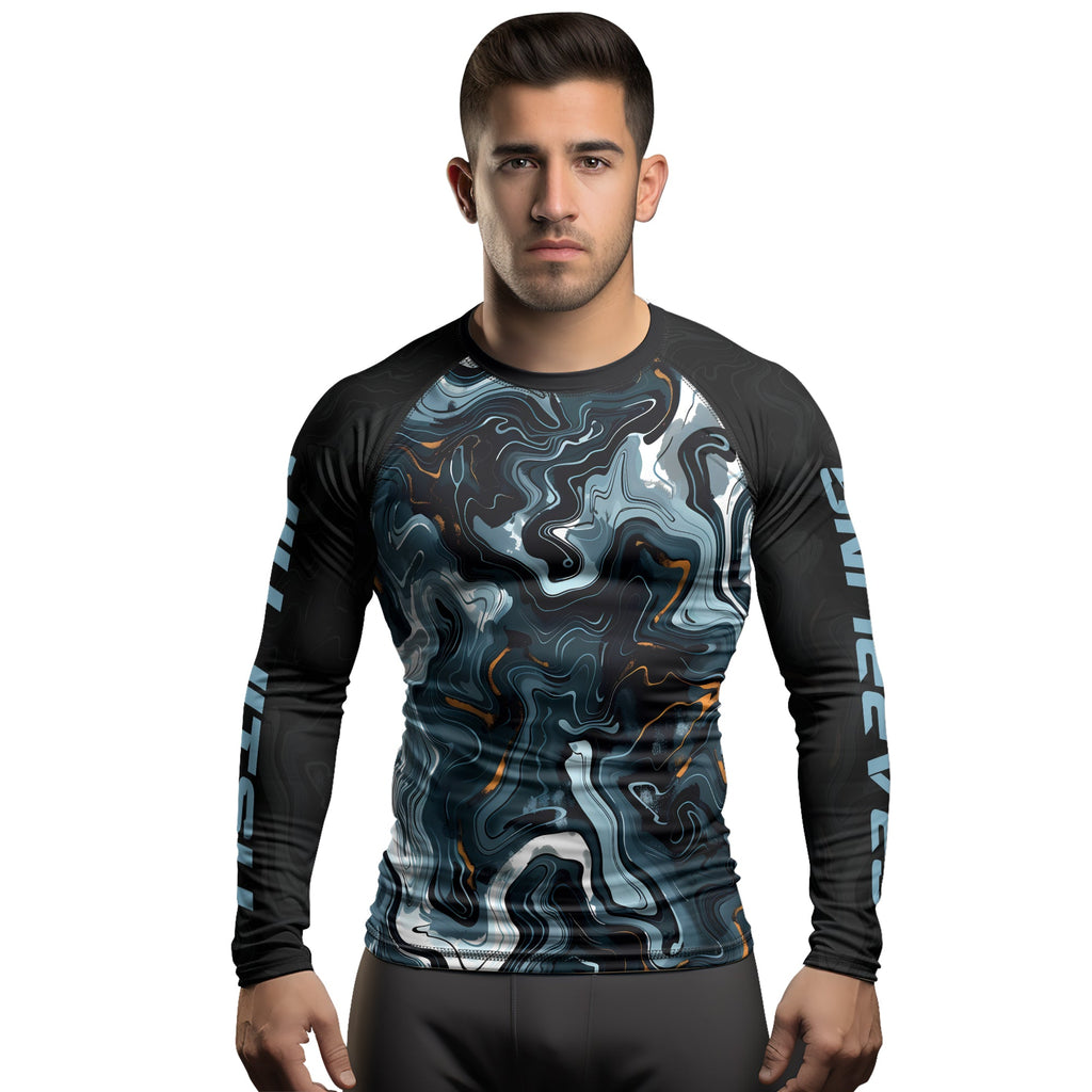 Rashninja Cyber Storm Blue Marble Men's Long Sleeve Rash Guard