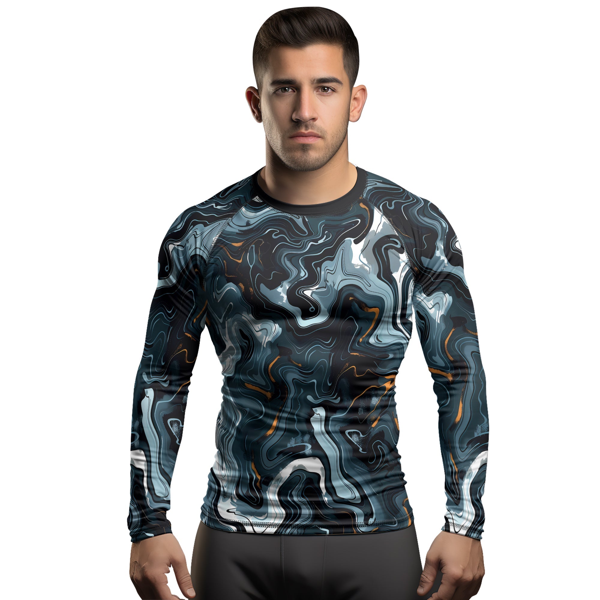 Rashninja Cyber Storm Blue Marble Men's Long Sleeve Rash Guard