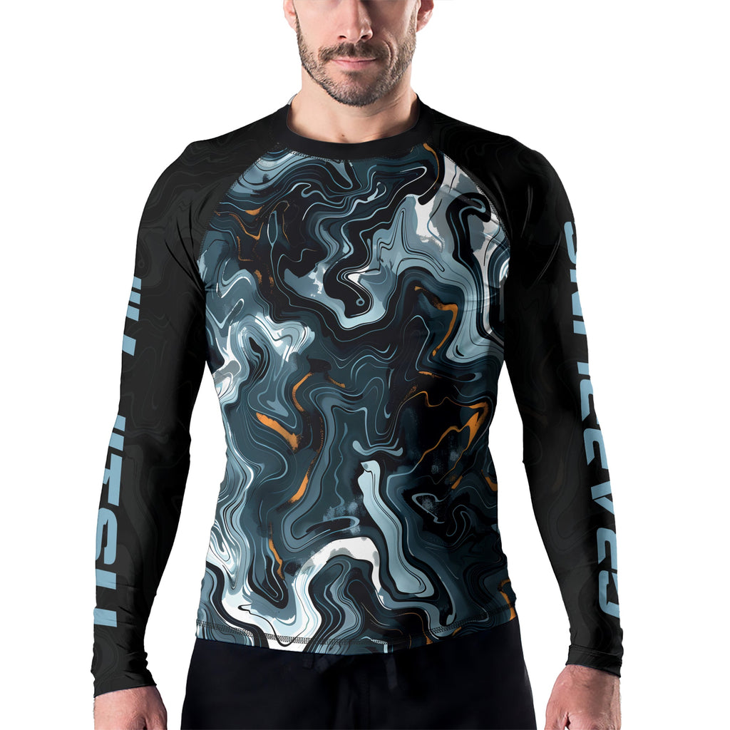 Rashninja Cyber Storm Blue Marble Men's Long Sleeve Rash Guard