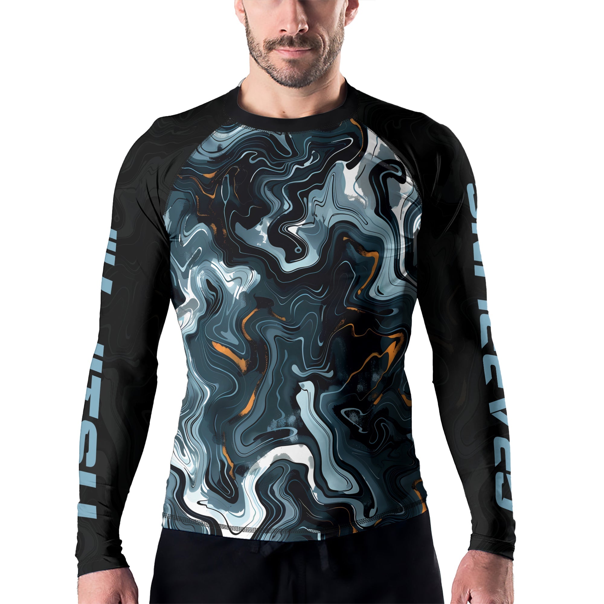 Rashninja Cyber Storm Blue Marble Men's Long Sleeve Rash Guard