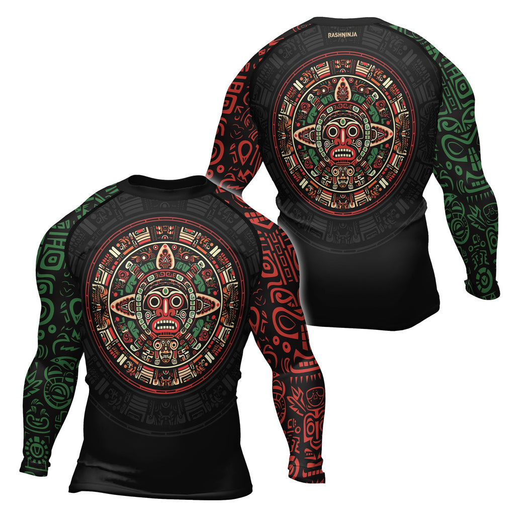 Rashninja Aztec Red & Green Sun Stone Men's Long Sleeve Rash Guard
