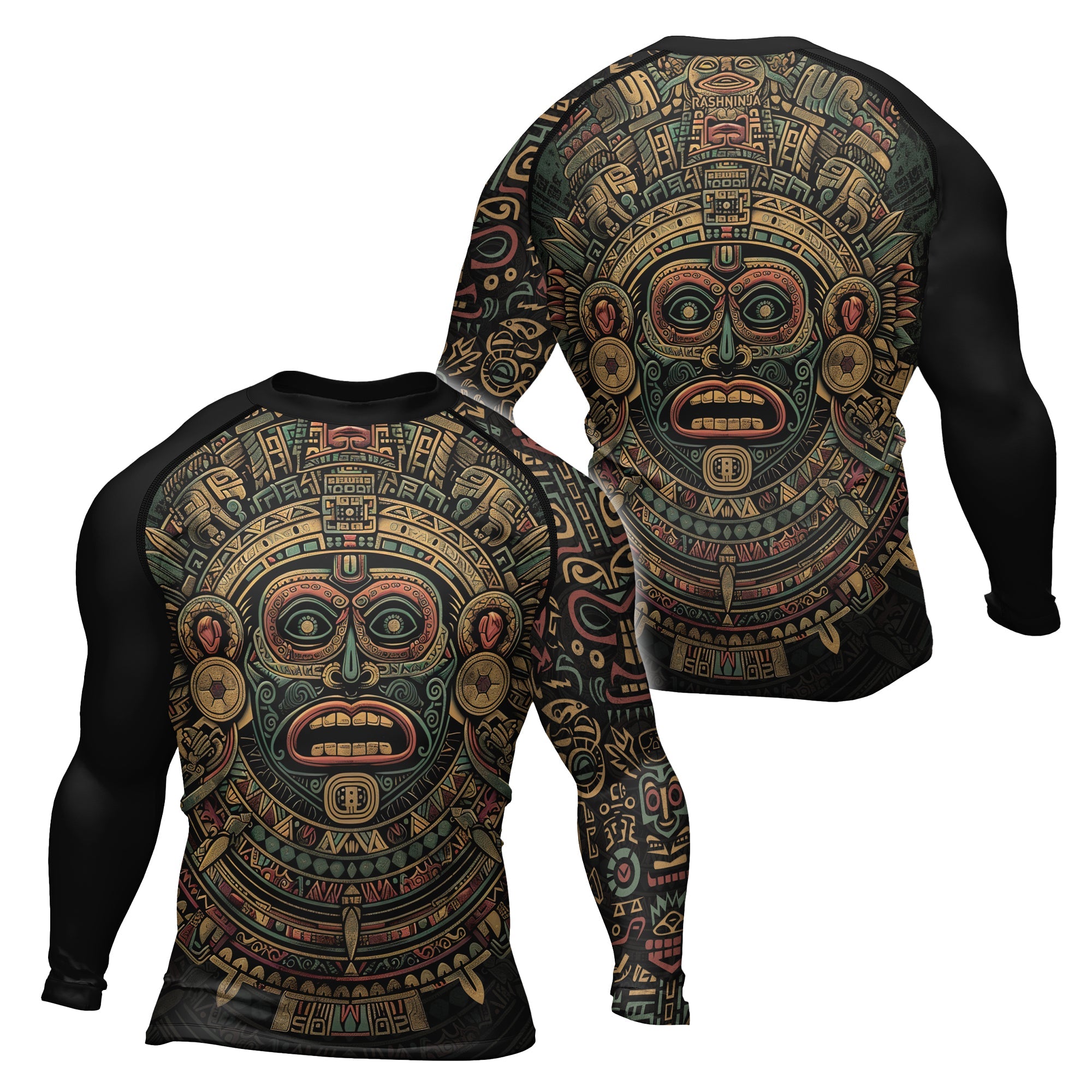 Rashninja Aztec Sun God Mask Men's Long Sleeve Rash Guard